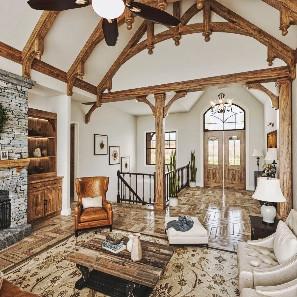 Vaulted Ceilings in Main Living Area in The Craftsman Lake House with Walkout Basement by Architectural Designs and Triple Crown in Raleigh Facing the Front Door