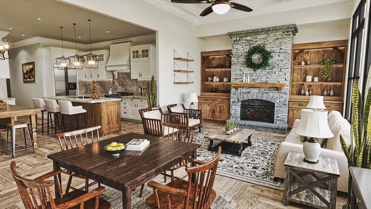Dining Area in The Craftsman Lake House with Walkout Basement by Architectural Designs and Triple Crown in Raleigh