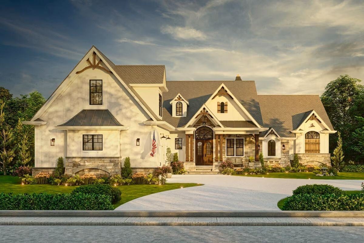 Front View Rendering of The Craftsman Lake House with Walkout Basement by Architectural Designs and Triple Crown in Raleigh with Dappled Sunlight