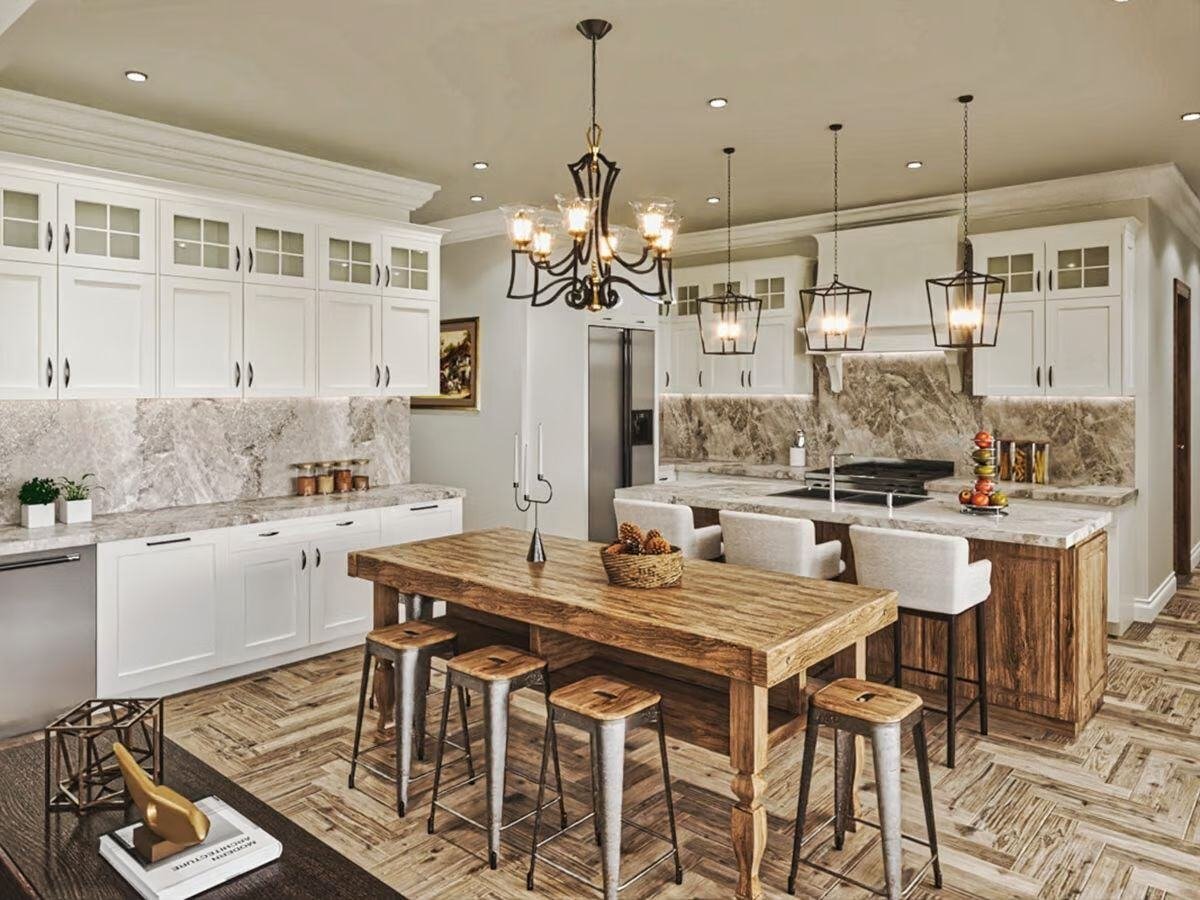 Large Kitchen with Island and High Top Table in The Craftsman Lake House with Walkout Basement by Architectural Designs and Triple Crown in Raleigh