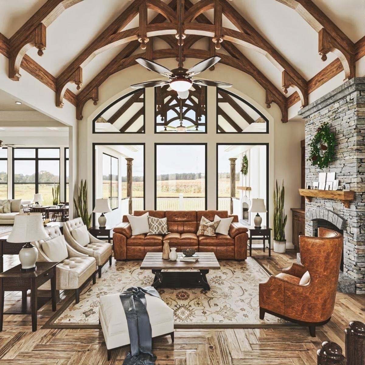 Vaulted Ceilings in Main Living Area in The Craftsman Lake House with Walkout Basement by Architectural Designs and Triple Crown in Raleigh