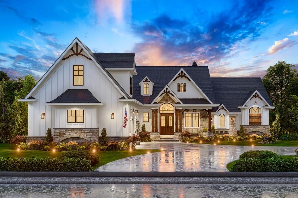 Front View Rendering of The Craftsman Lake House with Walkout Basement by Architectural Designs and Triple Crown in Raleigh at Night