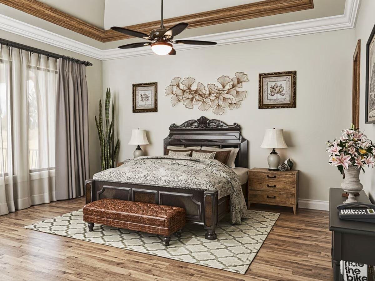 Large Primary Bedroom in The Craftsman Lake House with Walkout Basement by Architectural Designs and Triple Crown in Raleigh