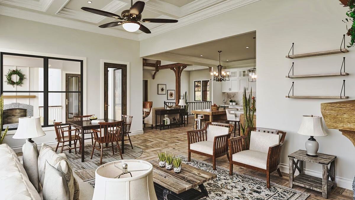 Rendering of View From Living Room into the Kitchen in The Craftsman Lake House with Walkout Basement by Architectural Designs and Triple Crown in Raleigh