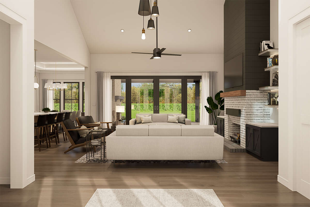 Rendering of Vaulted Living Room in The Modern Farmhouse House Plan by America's Best House Plans and Triple Crown in Raleigh