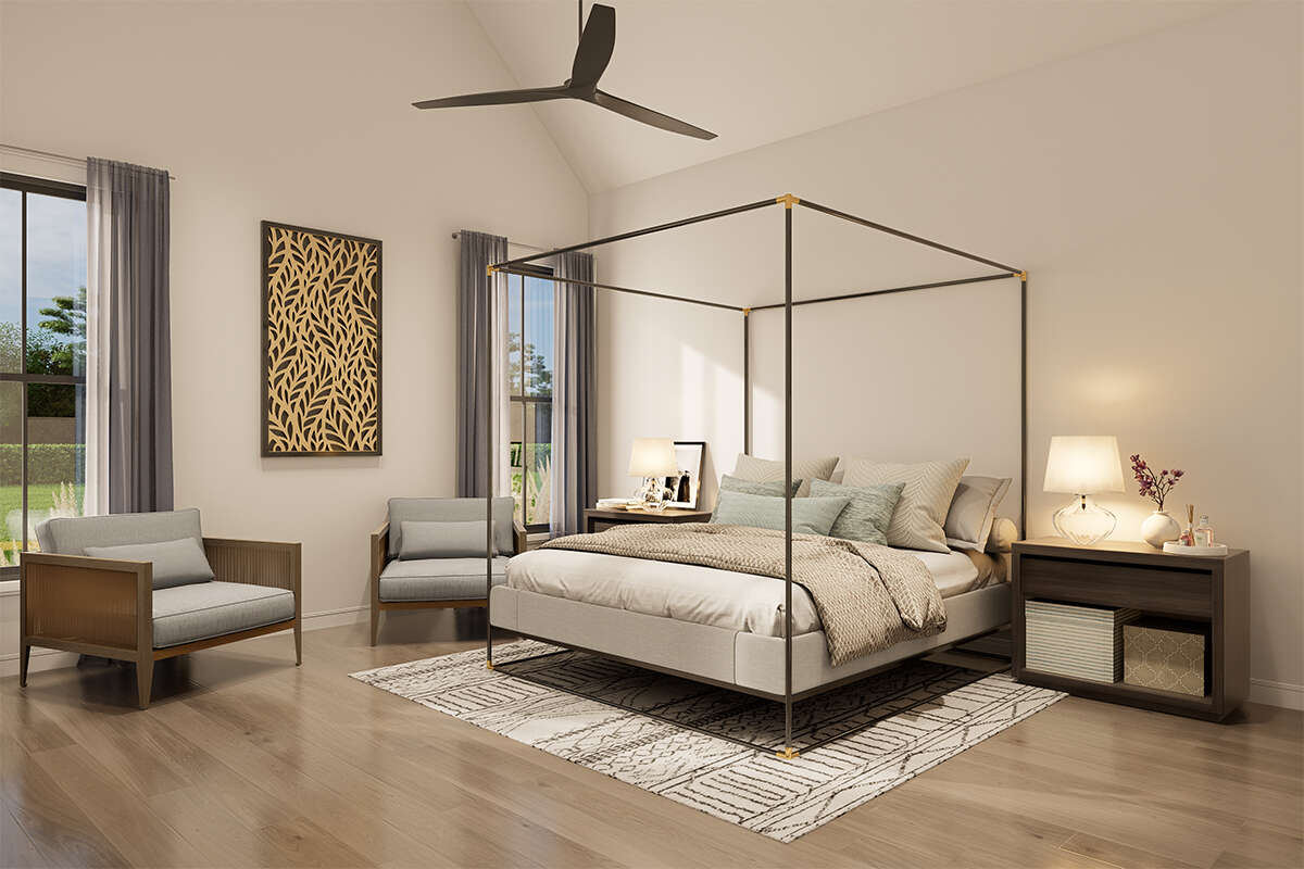 Rendering of Primary Bedroom with Caulted Ceiling in The Modern Farmhouse House Plan by America's Best House Plans and Triple Crown in Raleigh