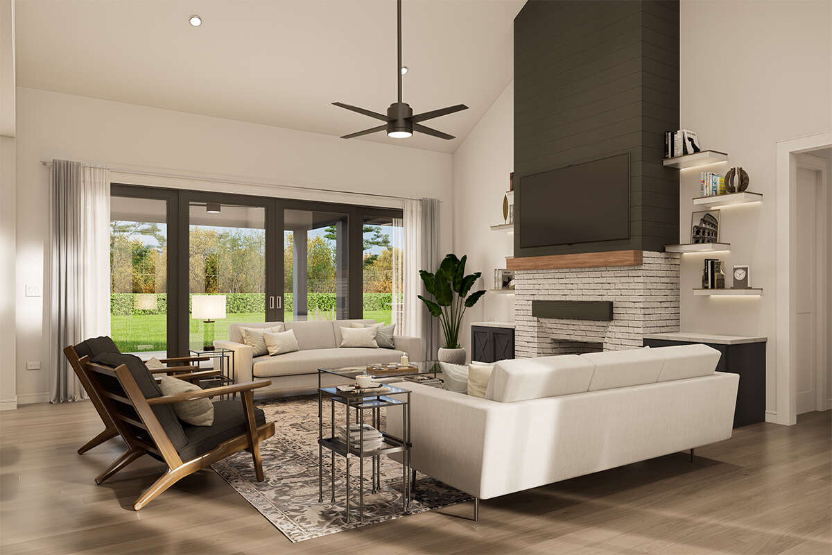 Rendering of Living Room of The Modern Farmhouse House Plan by America's Best House Plans and Triple Crown in Raleigh
