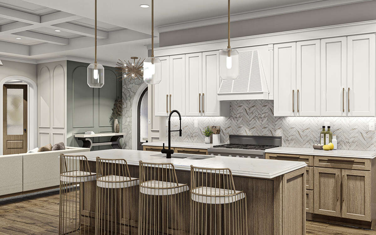Kitchen with Pendant LIghts and Island with Warm Wood Cabinets in The Modern Transitional Floorplan by America's Best House Plans and Triple Crown in Raleigh