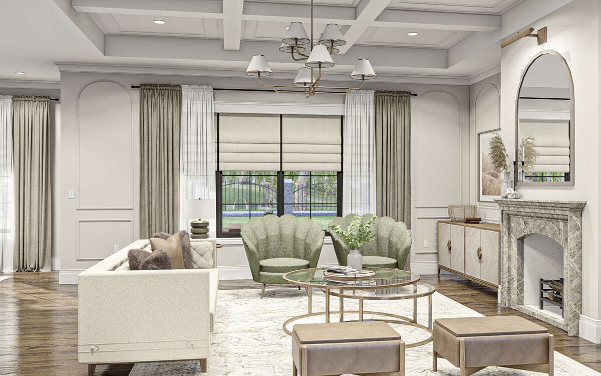 Living Room with Fireplace and Coffered Ceiling in The Modern Transitional Floorplan by America's Best House Plans and Triple Crown in Raleigh
