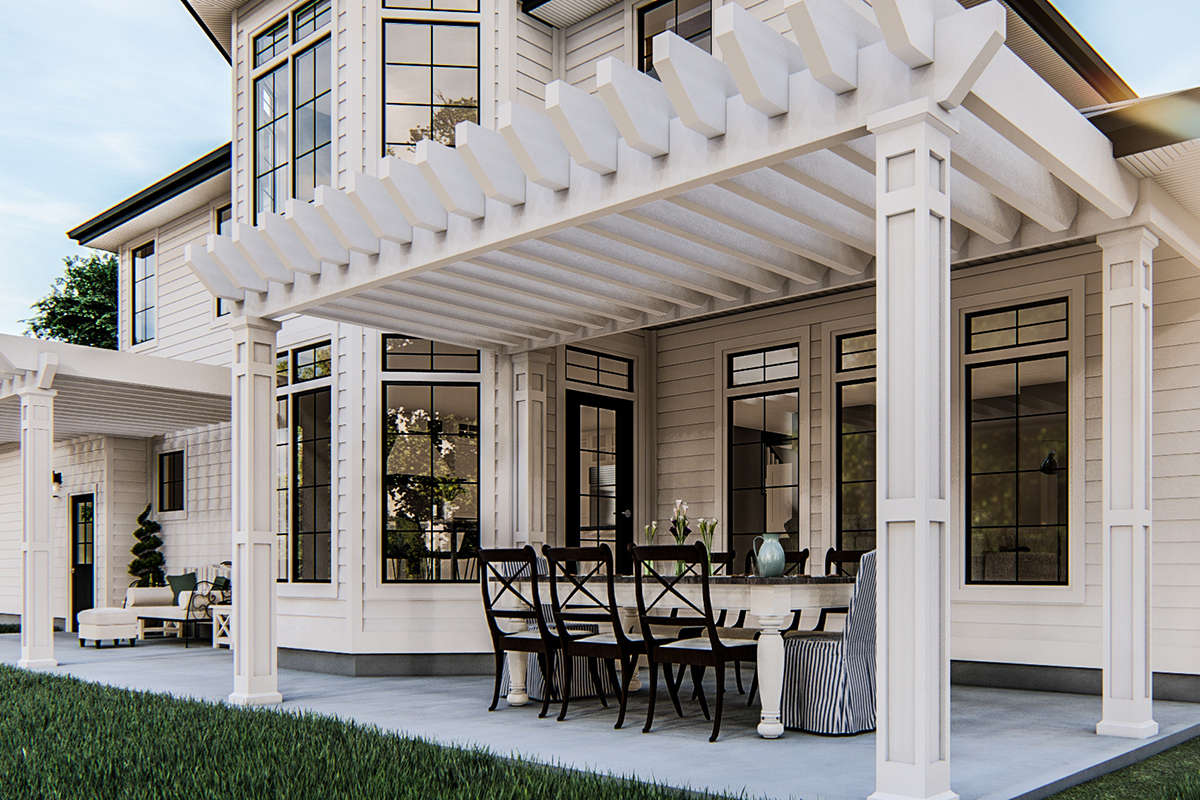 Exterior Rendering of The Back Porch and Pergola on The Southern Plan by America's Best House Plans and Triple Crown in Raleigh